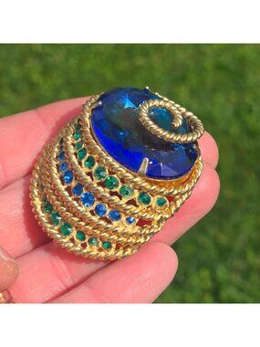 Vintage Corocraft Blue Glass Brooch Rhinestone Designer Jewelry Egyptian Revival